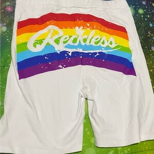 Reckless Women's White Athletic Shorts with Rainbow Design